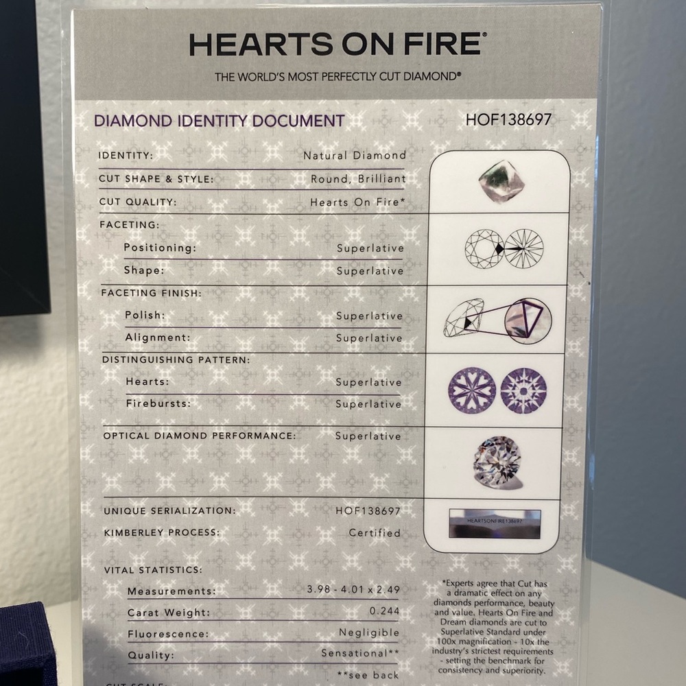 Platinum Diamond .244 HEARTS ON FIRE (SZ4) 1/4cttw Solitaire Engagement Ring COA - Picture 13 of 14